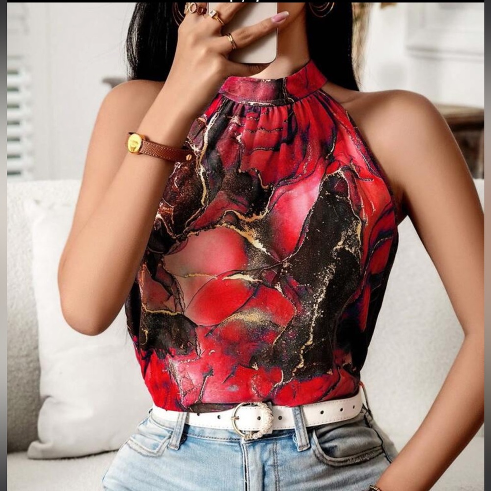 Elegant Classic Marble Water Color Print Halter Top Blouse Shirt Blue - Picture 11 of 12
